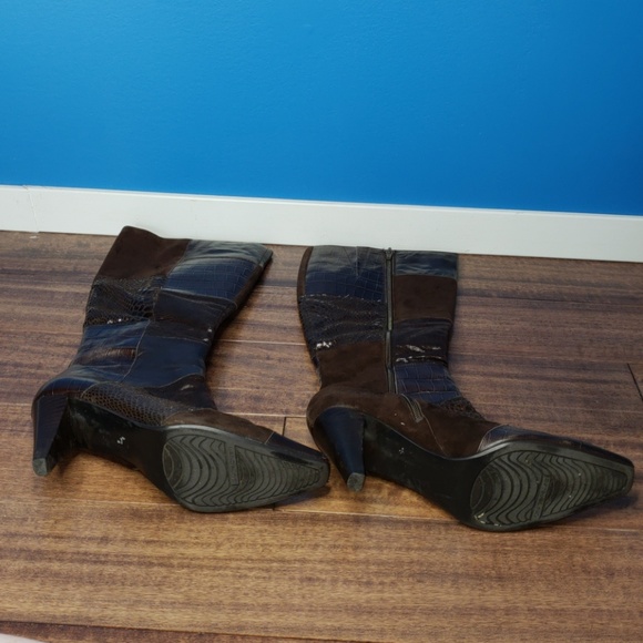 GUC Bandolino Brown Patchwork Knee High Heel Boots - Picture 6 of 8